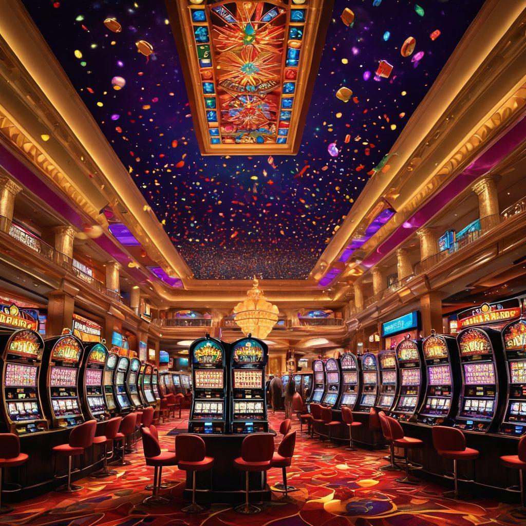 A dazzling casino scene featuring colorful penny slot machines gleaming under bright lights, surrounded by excited players enjoying digital gaming on sleek screens. Showcase a vibrant atmosphere with confetti floating in the air, large jackpots displayed, and people celebrating wins. Incorporate a sense of luck and excitement. super-realistic. vibrant colors. 3D.