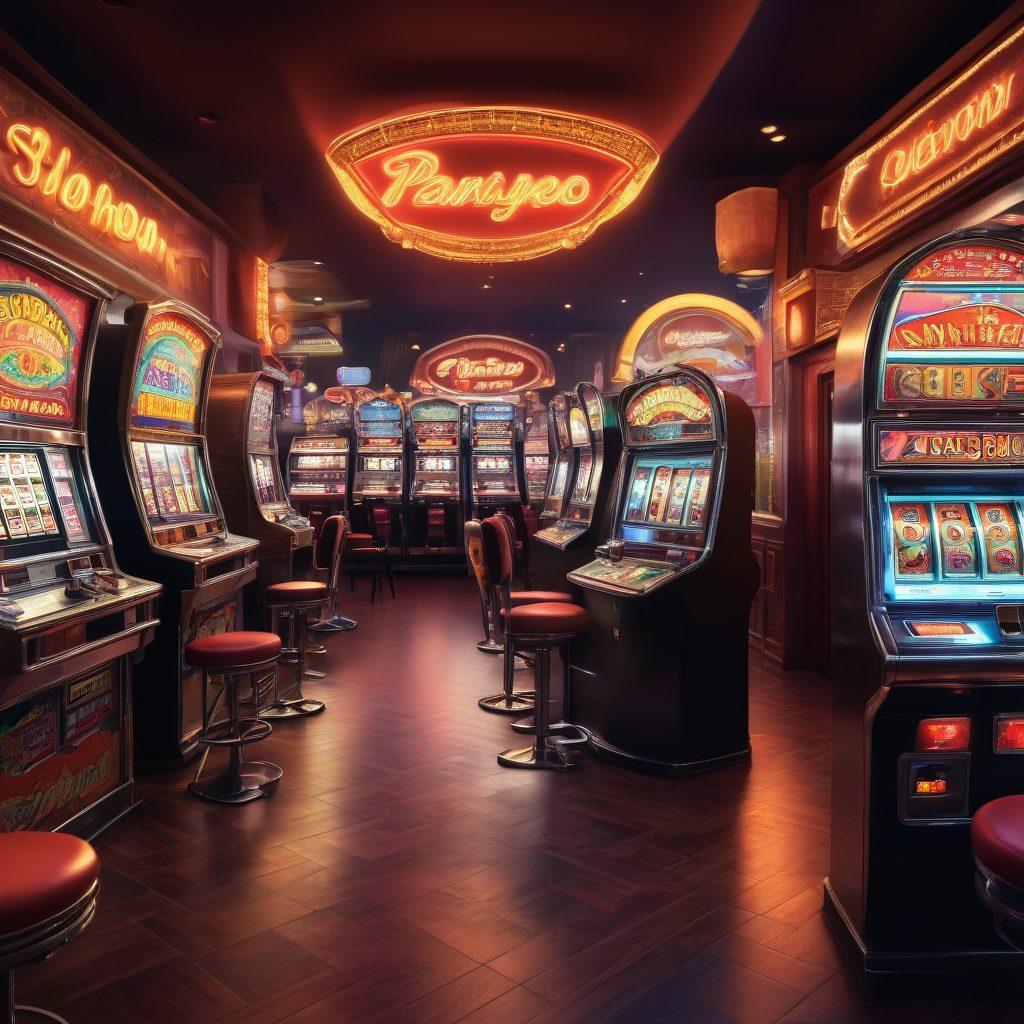 A vibrant collage illustrating the evolution of casino gaming, featuring vintage penny arcade machines morphing into modern high payout slot machines. Include elements of nostalgia like coins and classic game graphics blending seamlessly with sleek and flashy digital interfaces. The background should convey an inviting online casino atmosphere, complete with neon lights and a virtual slot machine in action. Further emphasize the journey from past to present, showcasing joy and excitement. super-realistic. vibrant colors. dynamic composition.
