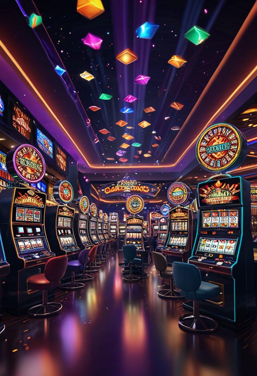 A colorful, whimsical depiction of a lively casino scene featuring various penny slot machines with vibrant lights and spinning reels, people joyfully playing and experiencing the thrill of online gambling on digital devices. Include elements like coins raining down, a cheerful atmosphere, and decorative elements representing fun and entertainment. The background should be filled with an assortment of vibrant colors to capture the excitement. super-realistic. vibrant colors. 3D.